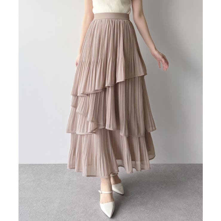 ピンクベージュ | mipiarl  ランダムヘムプリーツティアードスカート | JUNOAH