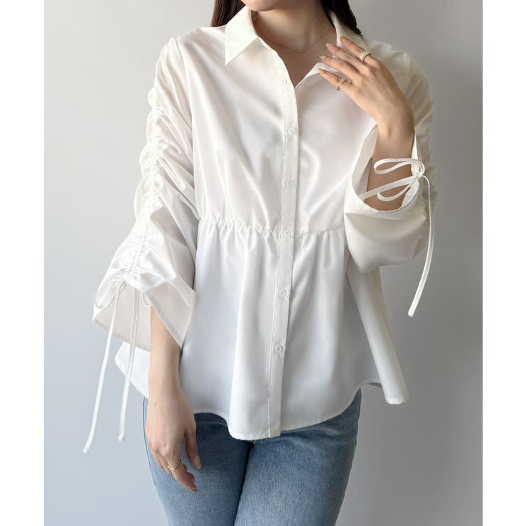 ホワイト | mipiarl  ドロストギャザースリーブシャツチュニック | JUNOAH