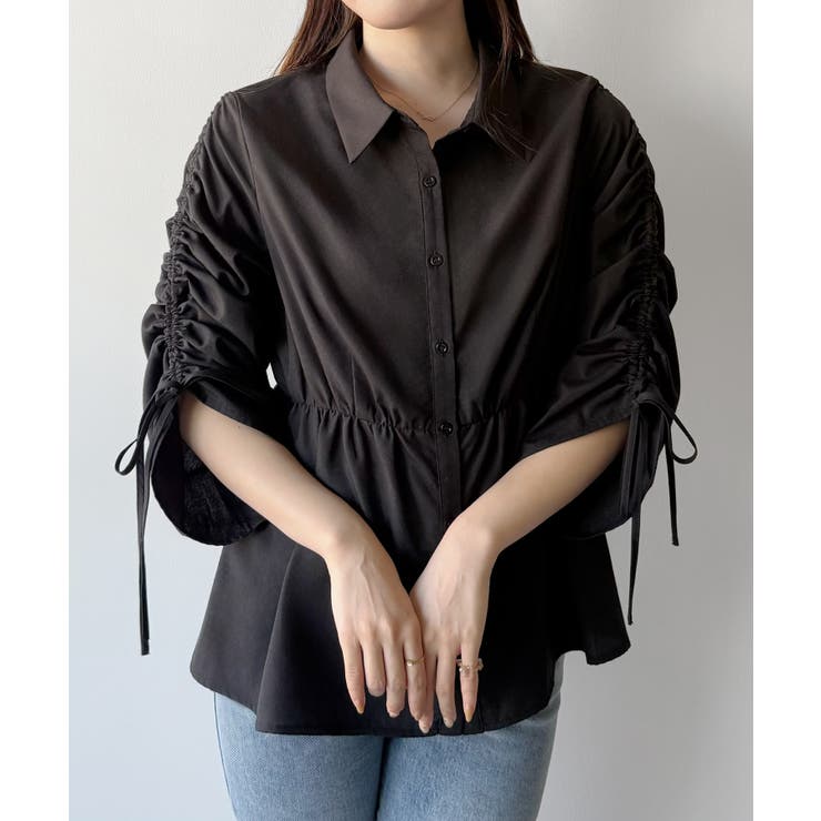 ブラック | mipiarl  ドロストギャザースリーブシャツチュニック | JUNOAH