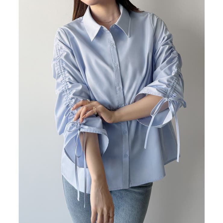 ブルー | mipiarl  ドロストギャザースリーブシャツチュニック | JUNOAH