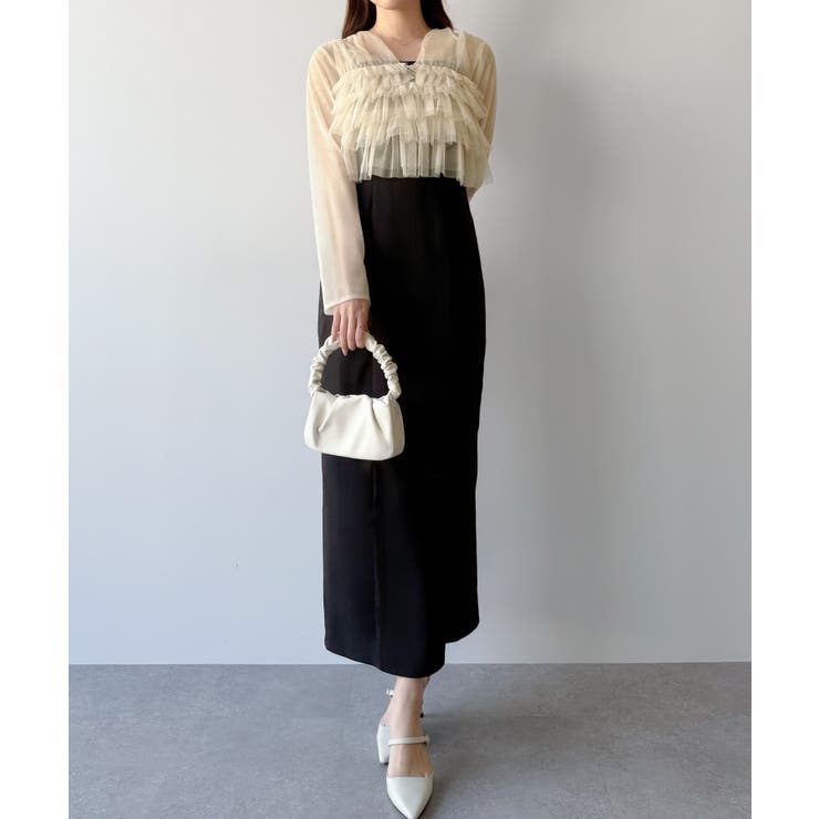 ブラック | mipiarl  チュールフリルブラウス＋IラインキャミワンピースSET | JUNOAH