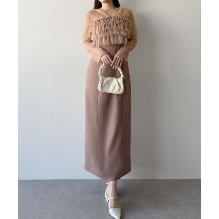 ピンクベージュ | mipiarl  チュールフリルブラウス＋IラインキャミワンピースSET | JUNOAH