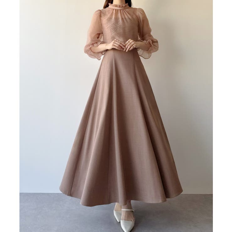 ピンクベージュ | mipiarl  フリルカラーシアーブラウス＋フレアキャミワンピースＳＥＴ | JUNOAH