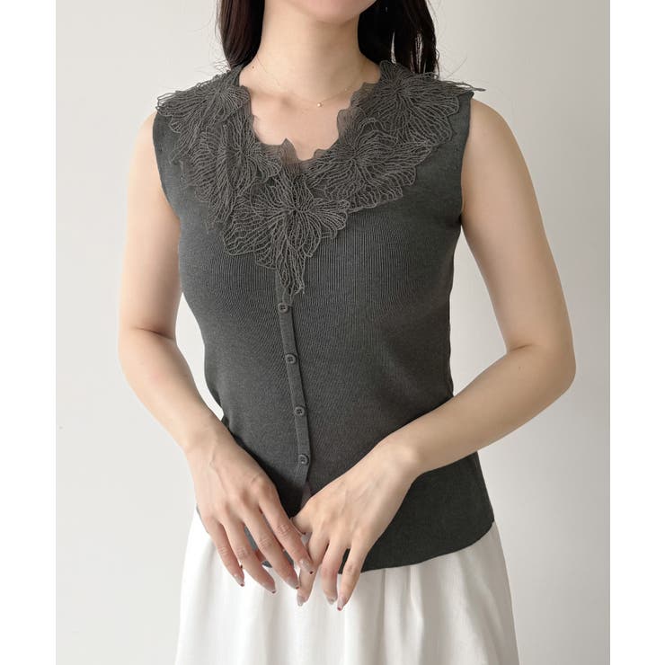 グレー | mipiarl  レースモチーフノースリニットトップス | junoah