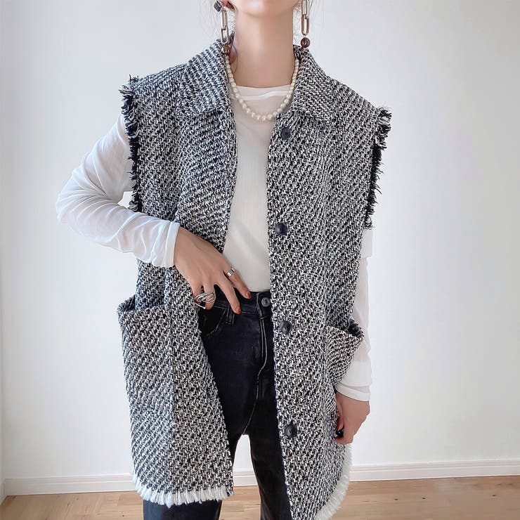 ホワイトブラック | オーバーシルエットツイードベスト | JUNOAH