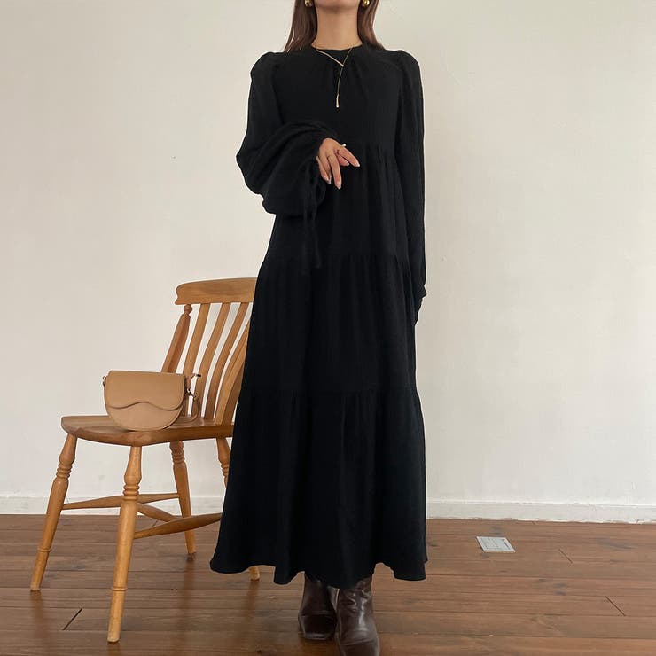 ガーゼハイウエストティアード切替ワンピース[品番：AMTW0009422