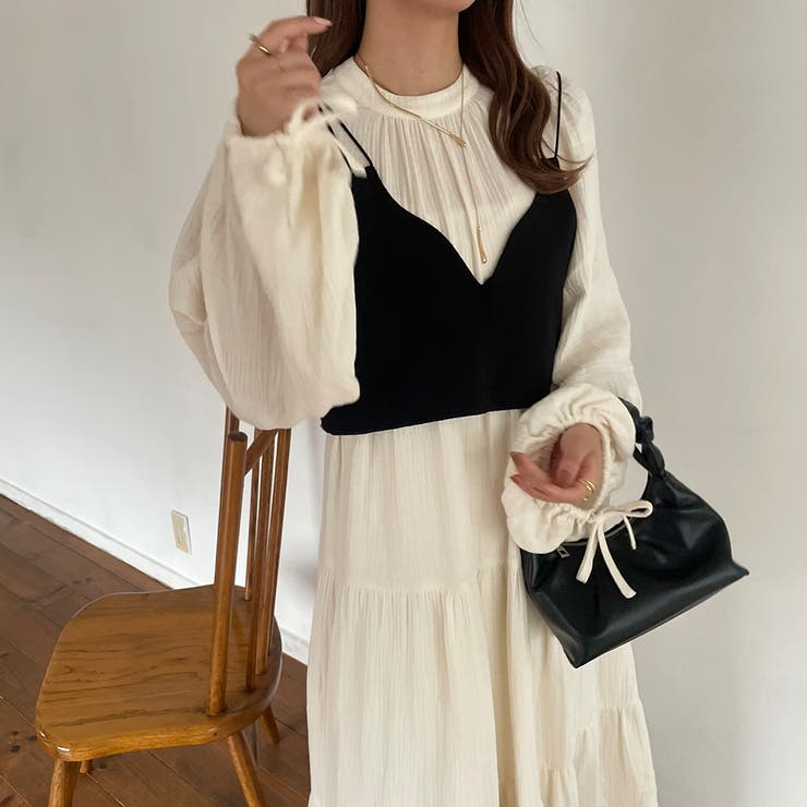 ガーゼハイウエストティアード切替ワンピース[品番：AMTW0009422