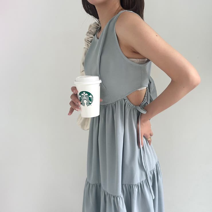 バックリボン フリル リネンワンピース 韓国 ブラック hr9490 バックリボンチュールフリルワンピース[品番：AMTW0010869