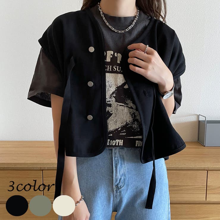 ドロップショルダーリボンショートべスト | JUNOAH | 詳細画像1 