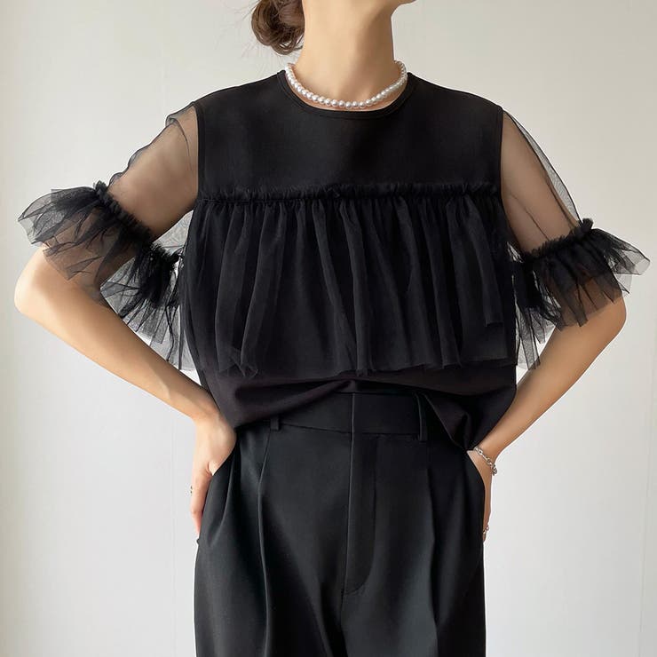 チュールドッキングシアーフリルスリーブトップス[品番：AMTW0010785