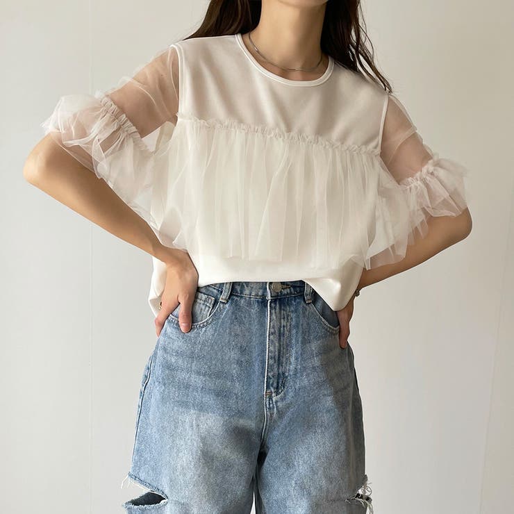 フリルスリーブがゴージャスなソフトチュールのロングショール チュールドッキングシアーフリルスリーブトップス[品番