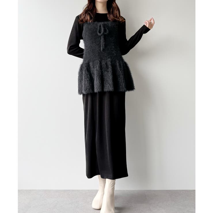 シャギーペプラムビスチェ＋リブIラインワンピース set[品番