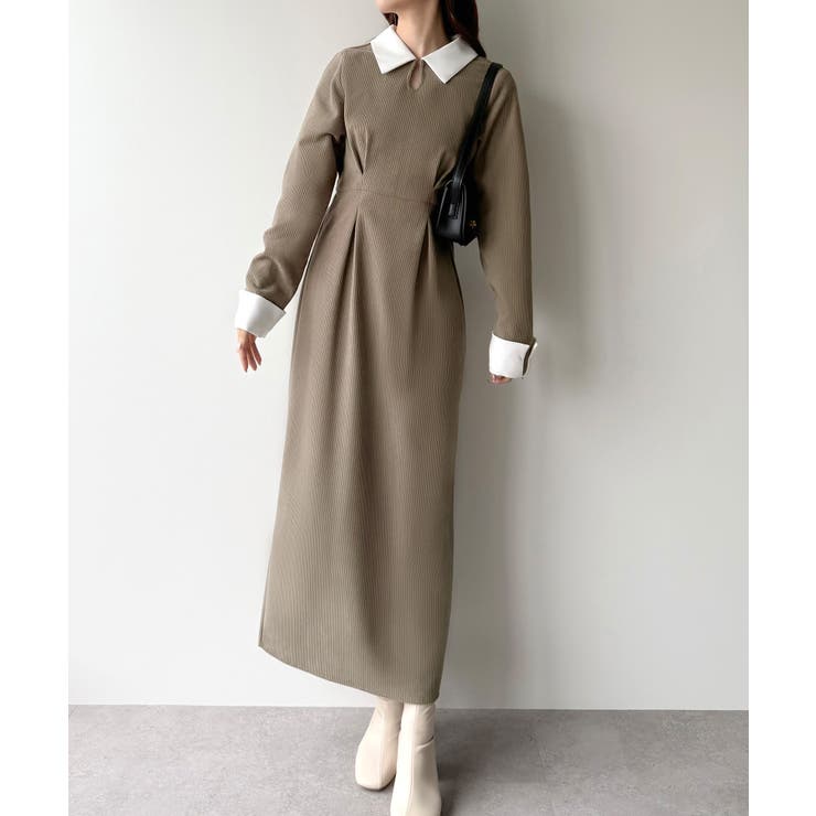 ボンポワン☆コーデュロイワンピース☆size10 バイカラーコーデュロイタイトワンピース[品番：AMTW0011803