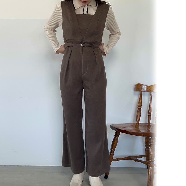 Vネックハイウエストベルト付きサロペット[品番：AMTW0009818