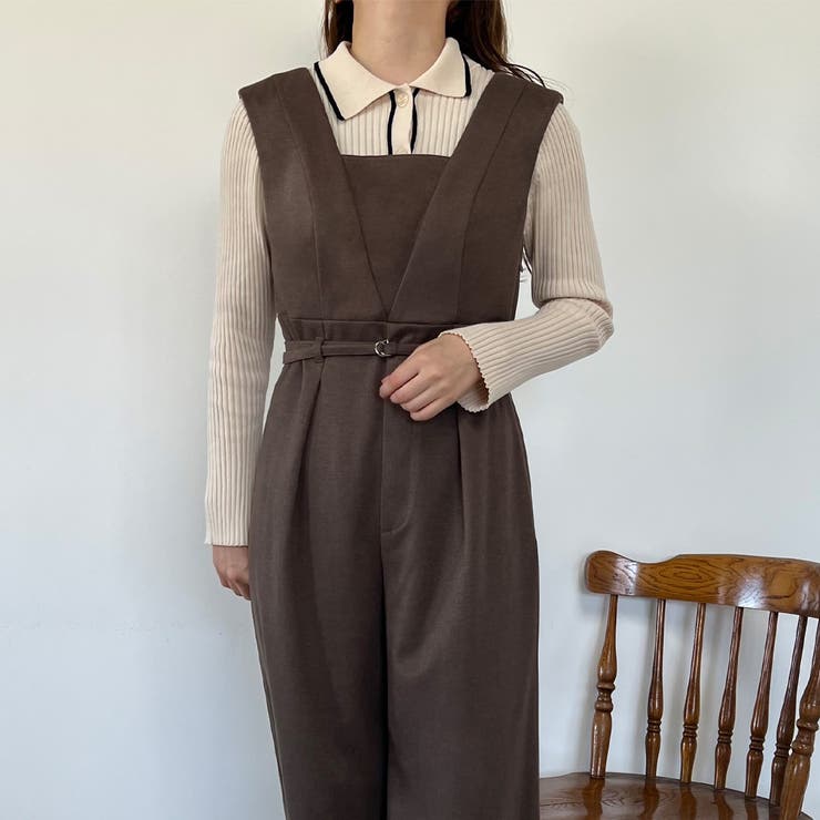 Vネックハイウエストベルト付きサロペット[品番：AMTW0009818