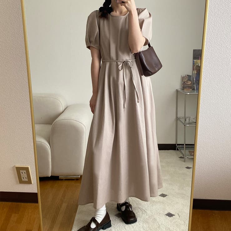 美品⭐︎ハグオーワー　リネン　バックリボン　ワンピース リネン混タックリボンワンピース[品番：AMTW0009029]｜JUNOAH