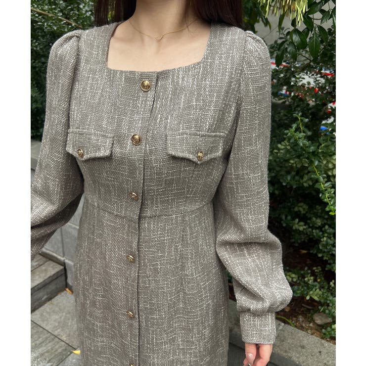 ライトグレー | 金ボタン薄手ツイードタイトワンピース | JUNOAH