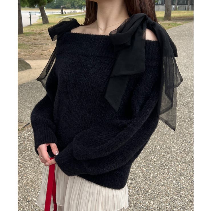 ブラック | チュールリボンオフショルシャギーニット | JUNOAH