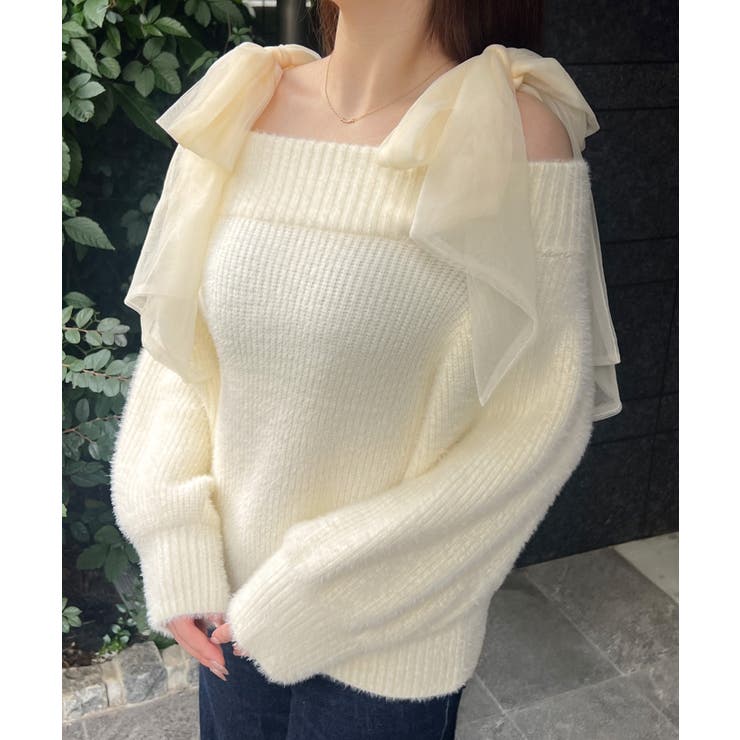 アイボリー | チュールリボンオフショルシャギーニット | JUNOAH