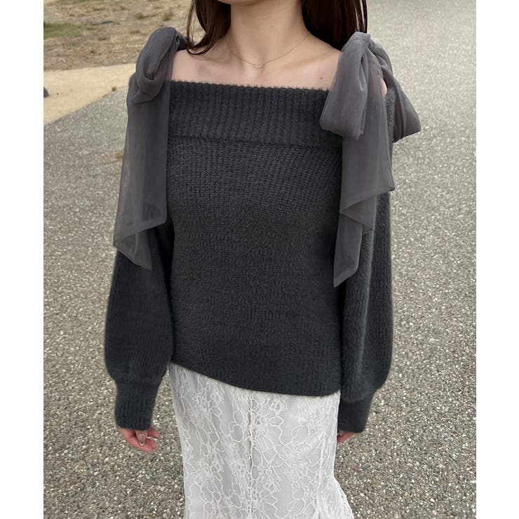 チュールリボンオフショルシャギーニット | JUNOAH | 詳細画像2 