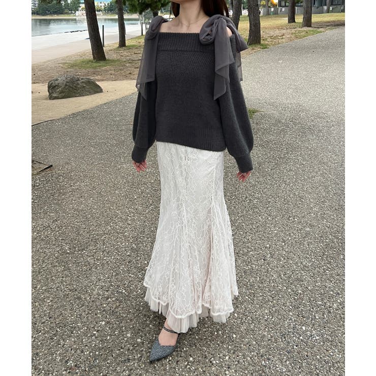 チュールリボンオフショルシャギーニット | JUNOAH | 詳細画像4 