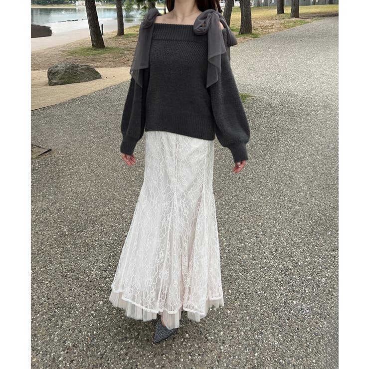 チュールリボンオフショルシャギーニット | JUNOAH | 詳細画像5 