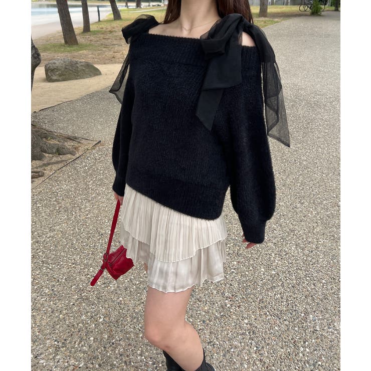 チュールリボンオフショルシャギーニット | JUNOAH | 詳細画像7 