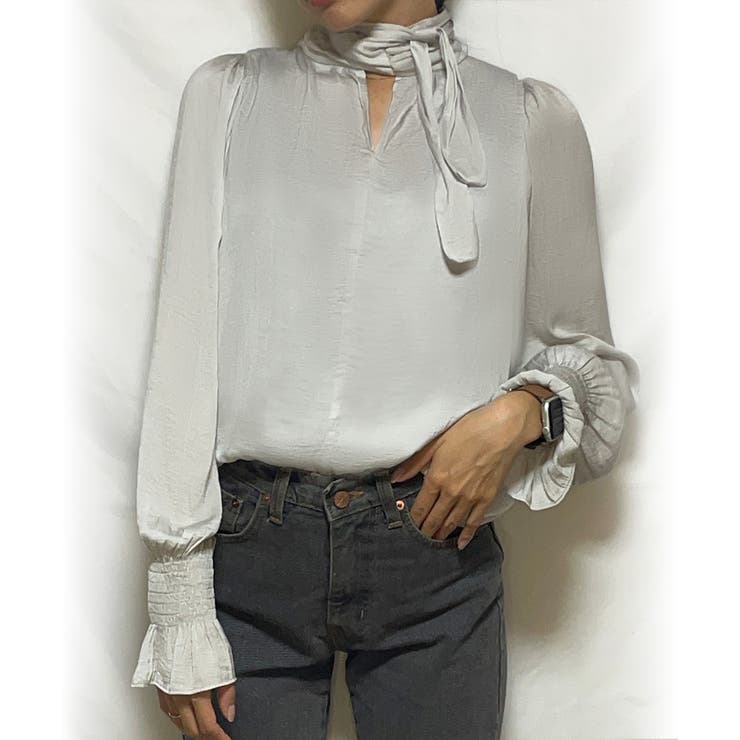 ライトグレー | サテンライクリボンブラウス | JUNOAH