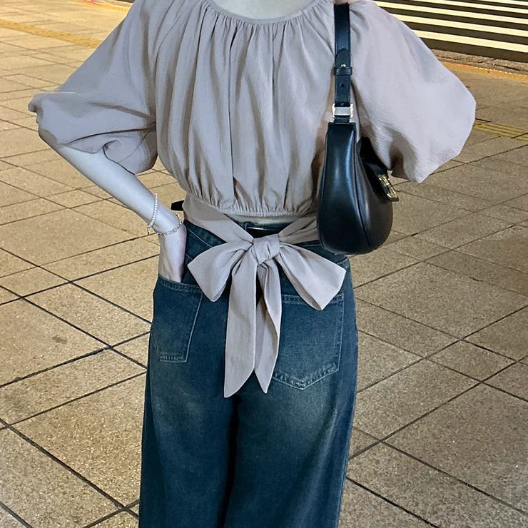 パフスリーブバックリボンショートトップス[品番：AMTW0010967