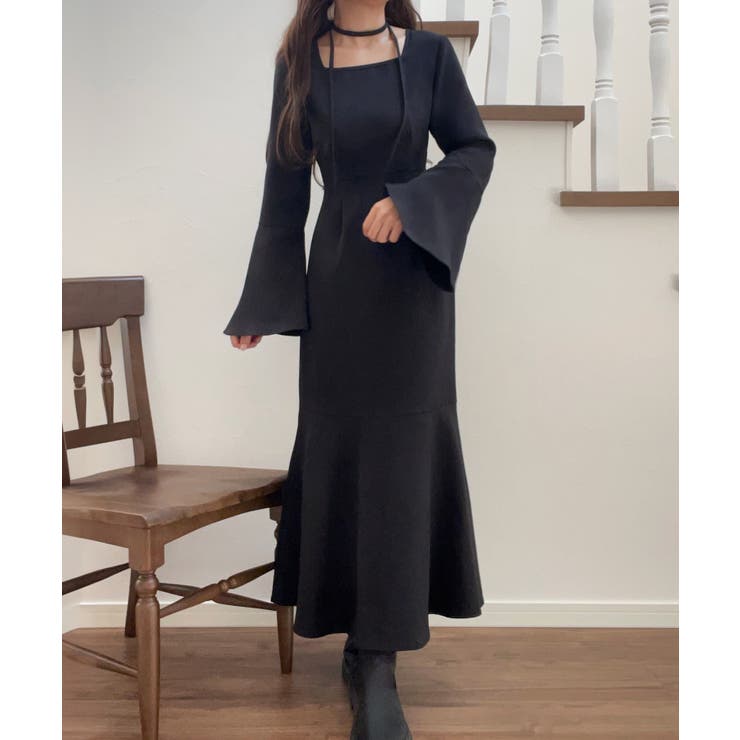 ブラック | チョーカー付きウエストタックマーメイドワンピース | JUNOAH