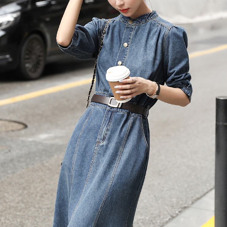 センタースリットマーメイドフレアデニムワンピース 韓国ファッション