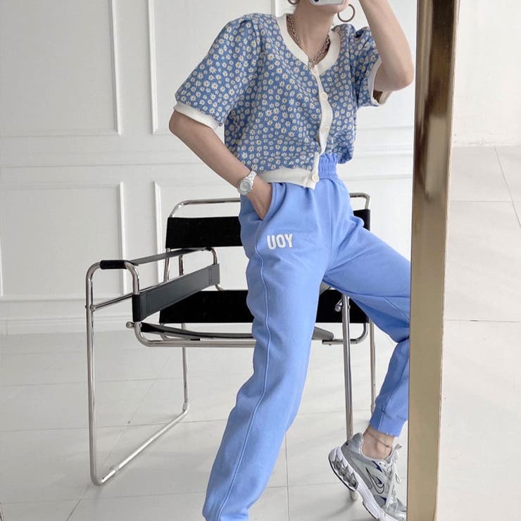 パワーショルダー花柄ショートカーディガン 韓国ファッション