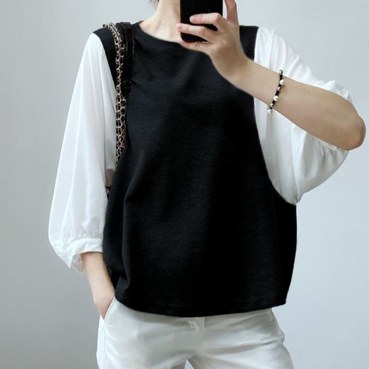 5分袖ドッキングブラウス 韓国ファッション