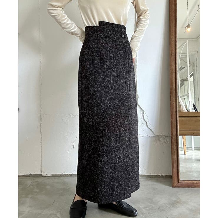 ブラック | 裏起毛ラップ風ツイードスカート | LAUIR