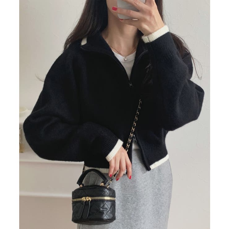 ブラック | 配色ショート丈ダブルジップニット | LAUIR