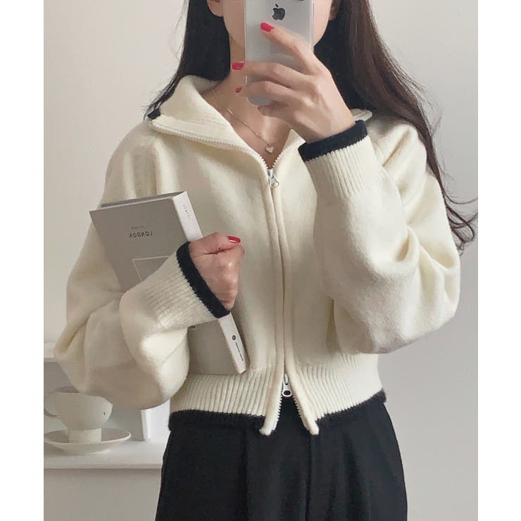 アイボリー | 配色ショート丈ダブルジップニット | LAUIR