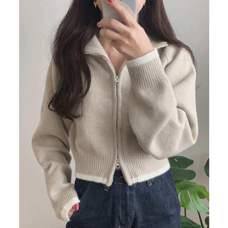 グレージュ | 配色ショート丈ダブルジップニット | LAUIR