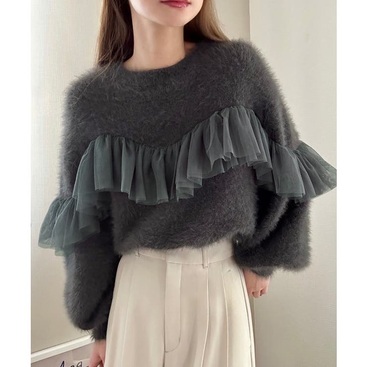 チャコール | フリルチュールシャギーニット | LAUIR