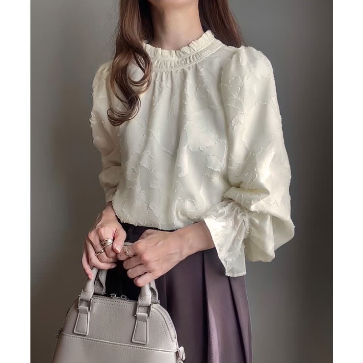 タグ付き OHGA FLOWER BLOUSE フラワーブラウス ジャガード 白 タグ