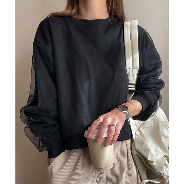 FILLOU チュールレイヤード裏起毛ショートスウェットトップス[品番