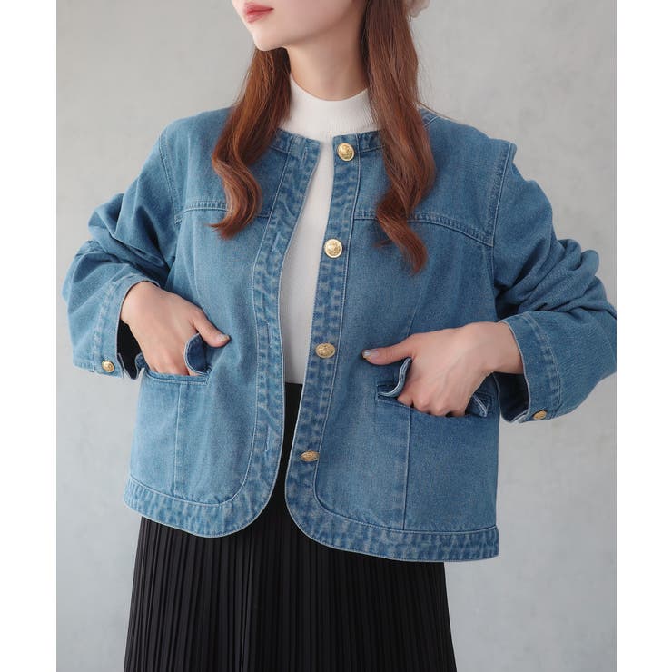 美品 IENA ノーカラー デニムジャケット 金ボタン 38 日本製 2nd