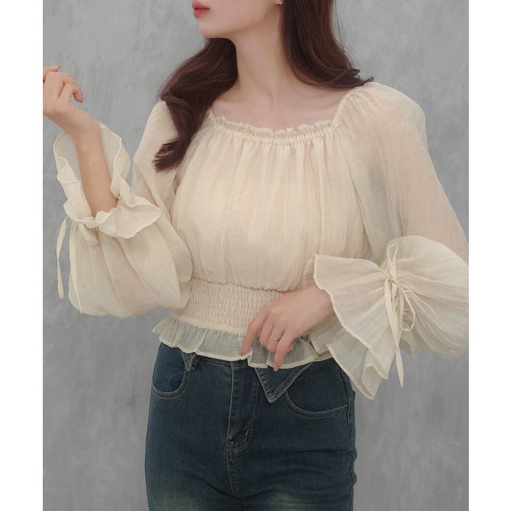 アイボリー | CENEA 2way袖リボンスクエアネックブラウス | JUNOAH
