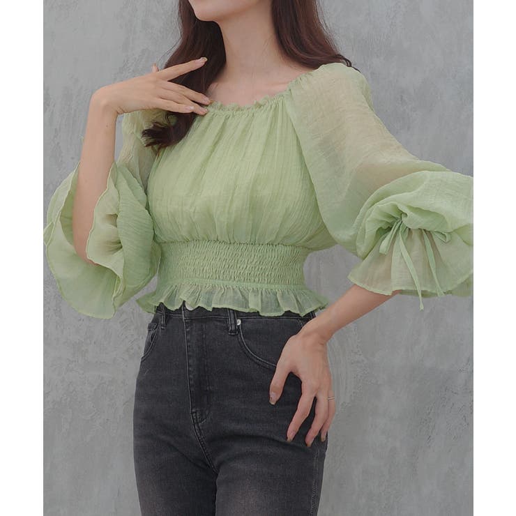グリーン | CENEA 2way袖リボンスクエアネックブラウス | JUNOAH