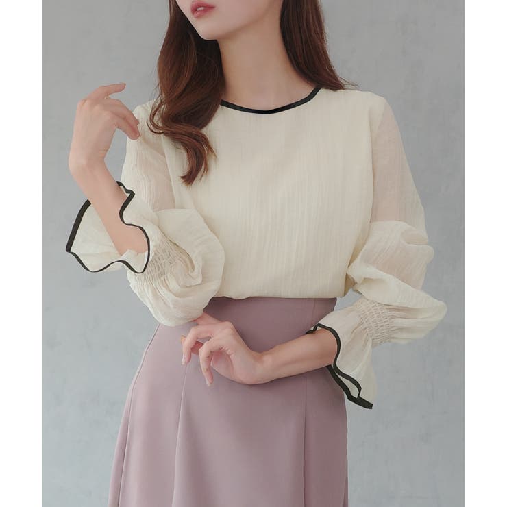 アイボリー | CENEA バイカラーキャンディースリーブシアーブラウス | JUNOAH