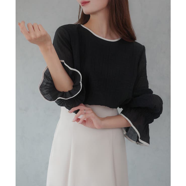ブラック | CENEA バイカラーキャンディースリーブシアーブラウス | JUNOAH