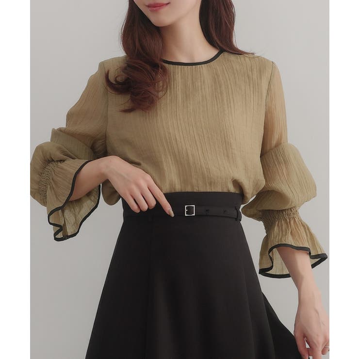 ベージュ | CENEA バイカラーキャンディースリーブシアーブラウス | JUNOAH