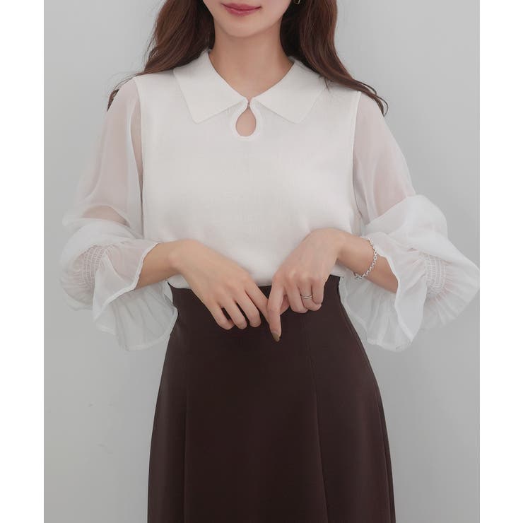 ホワイト | CENEA シアーキャンディースリーブニット | JUNOAH