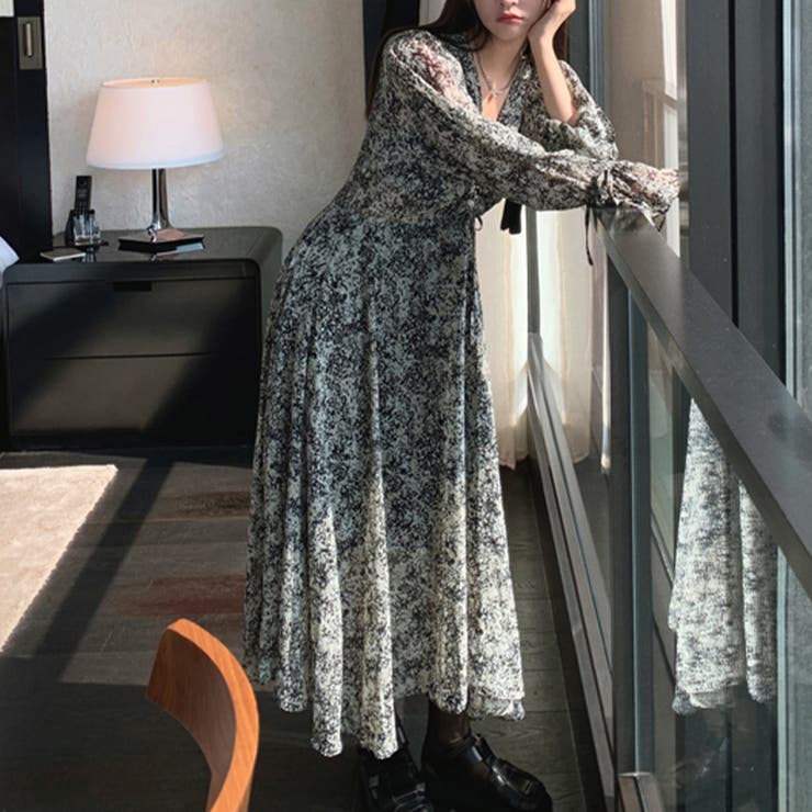 フロントドロスト総柄ワンピース 韓国ファッション[品番：AMTW0001975