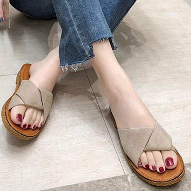 クリーム | ぺたんこサンダル サンダル 韓国ファッション | JUNOAH