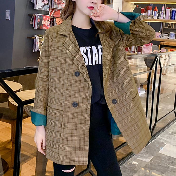 チェック柄テーラードジャケット 韓国ファッション